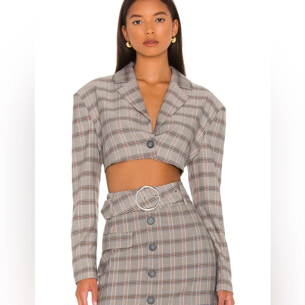 For Love And Lemons Gray Plaid Crop Blazer Size Small